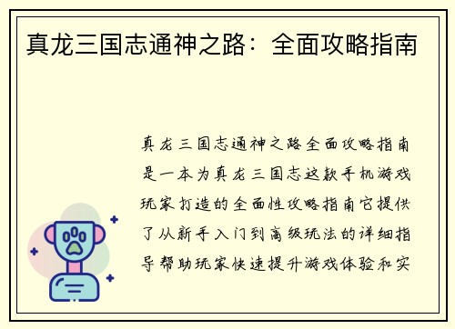 真龙三国志通神之路：全面攻略指南